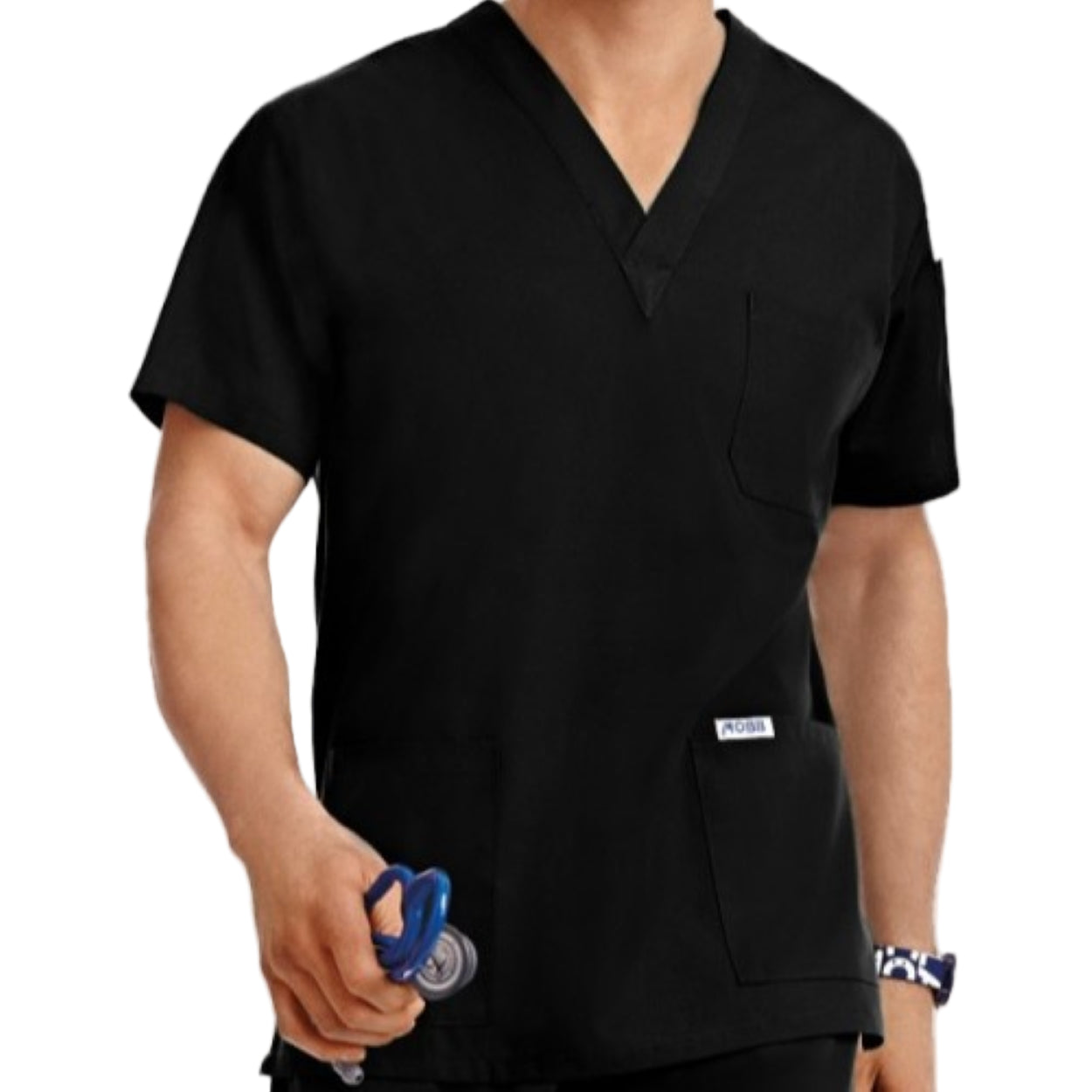 Black scrub top on a white background