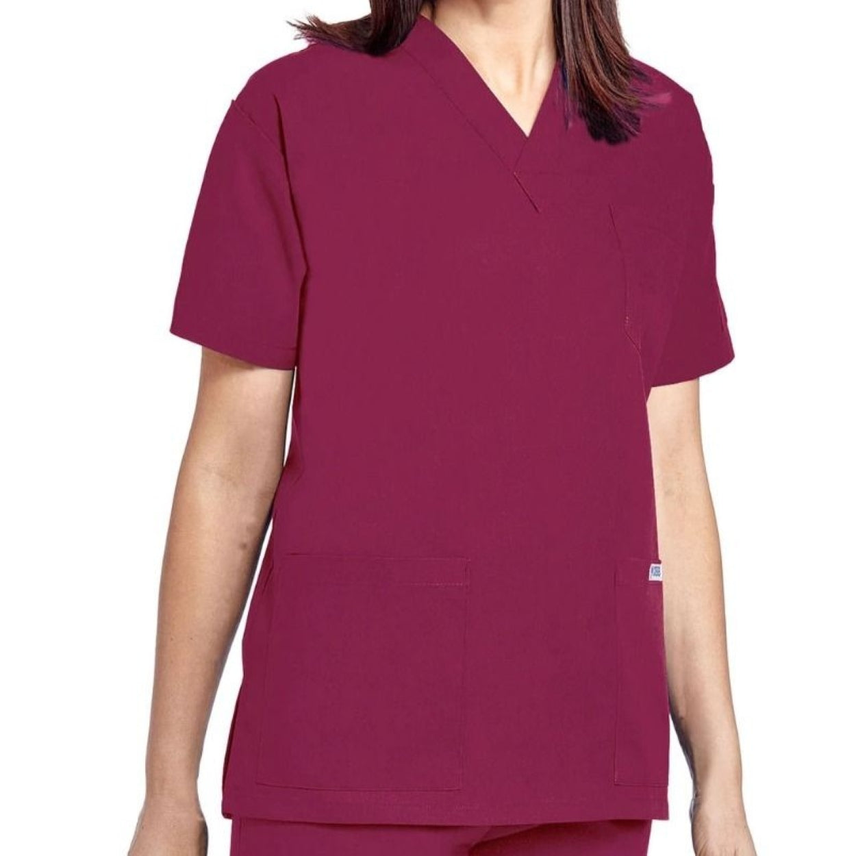 Burgundy scrub top on a white background