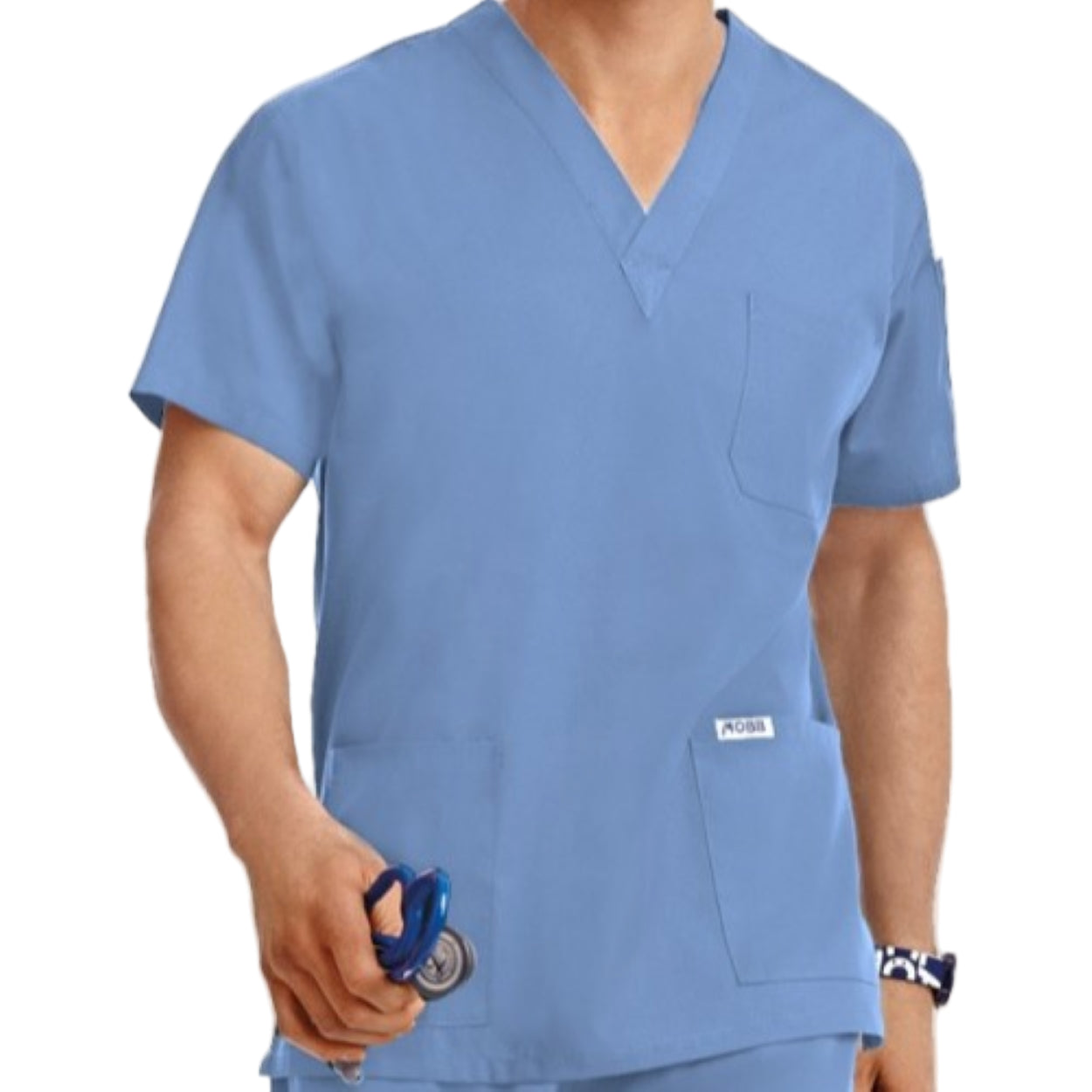 Ceil blue scrub top on a white background