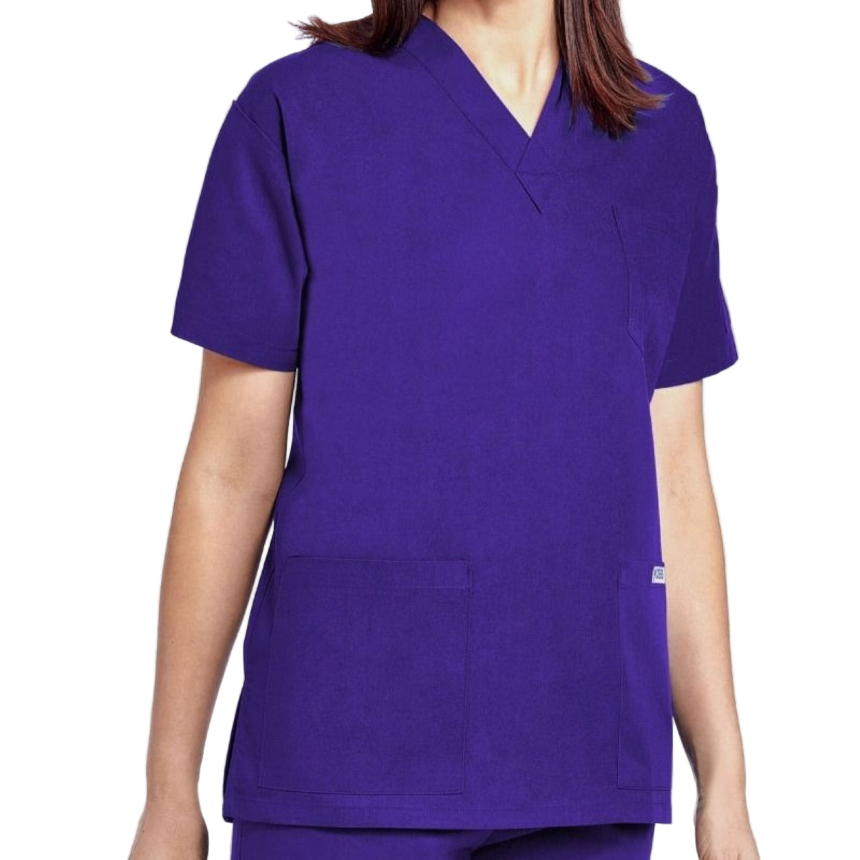 Eggplant purple scrub top on a white background