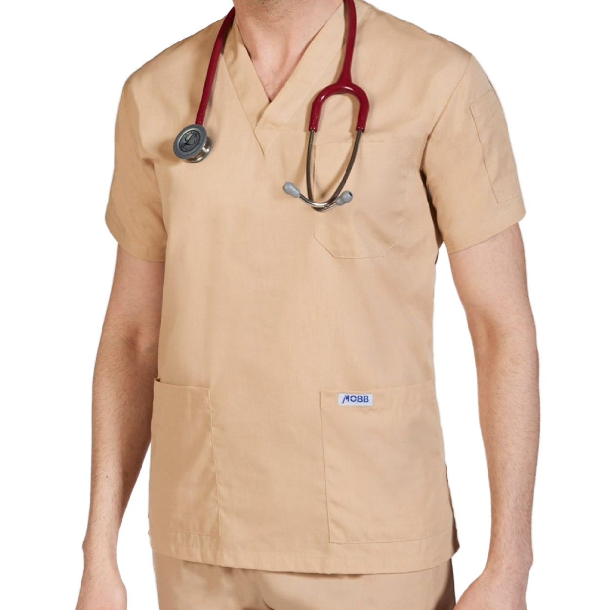Khaki scrub top on a white background