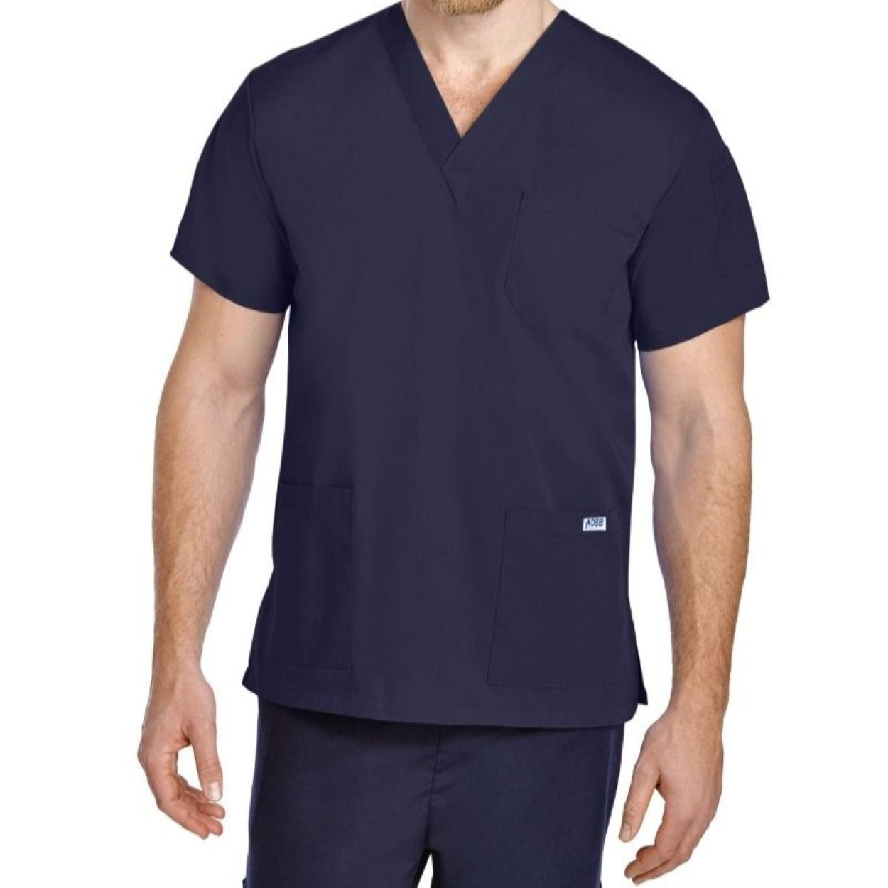 Navy scrub top on a white background