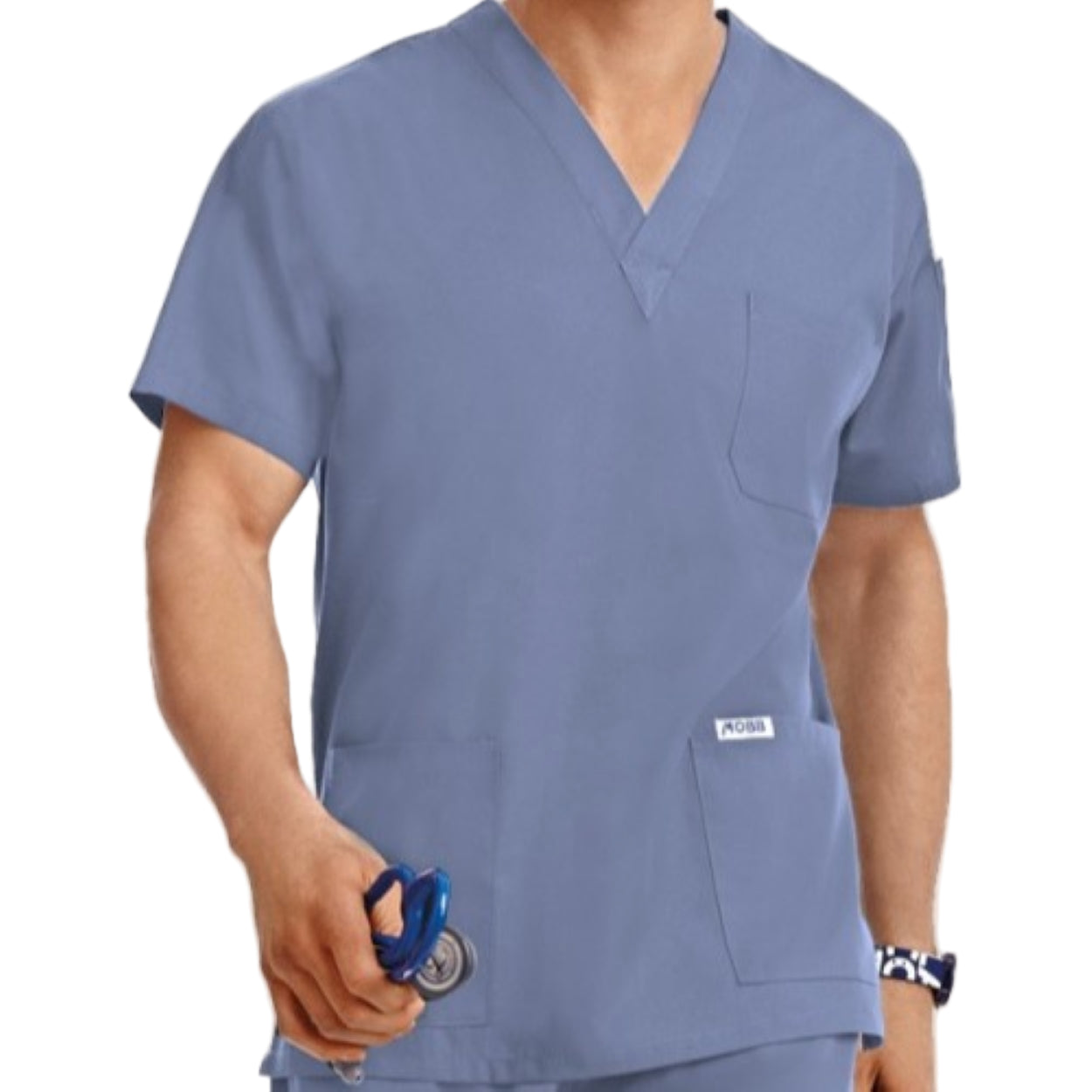 Postman blue scrub top on a white background
