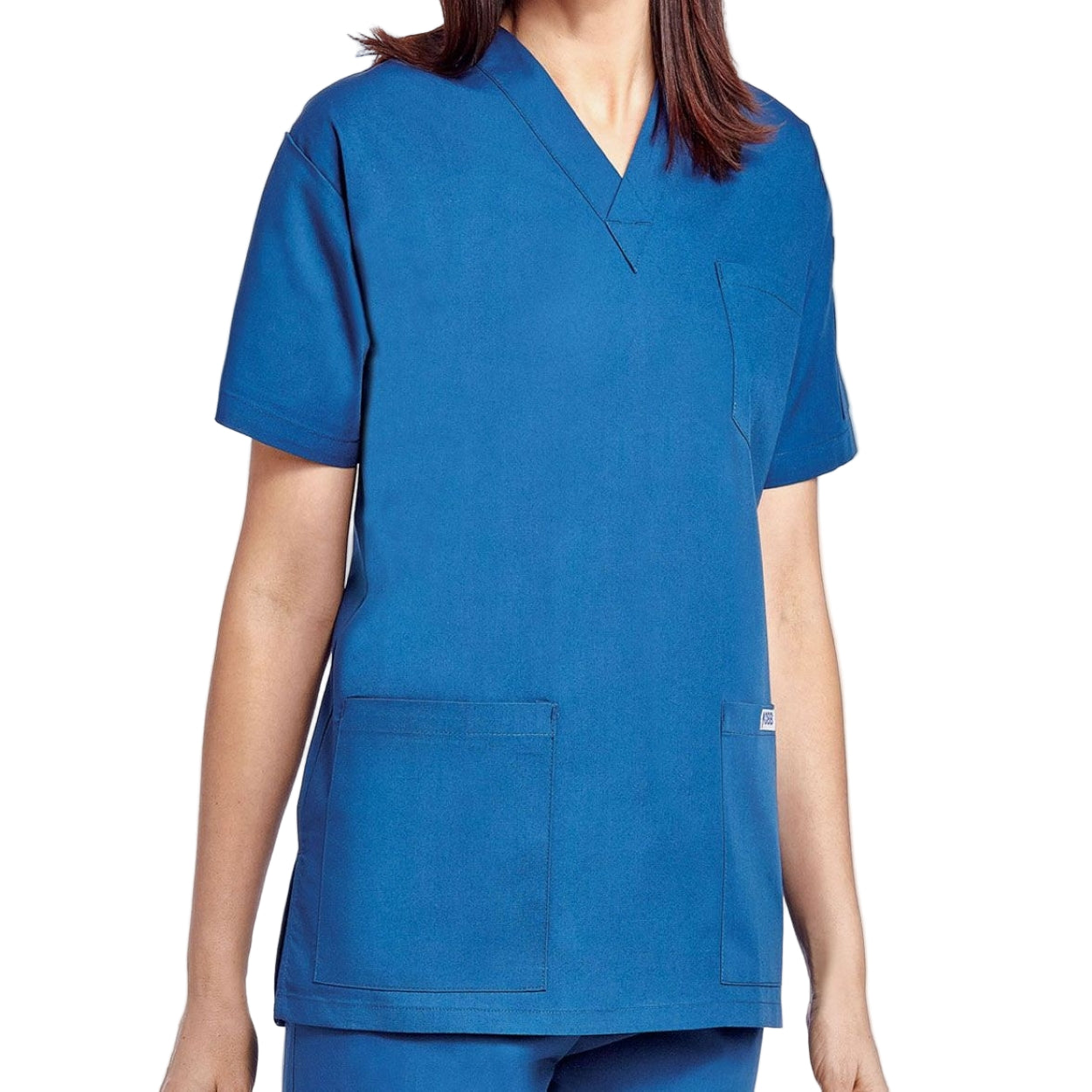 Royal blue scrub top on a white background
