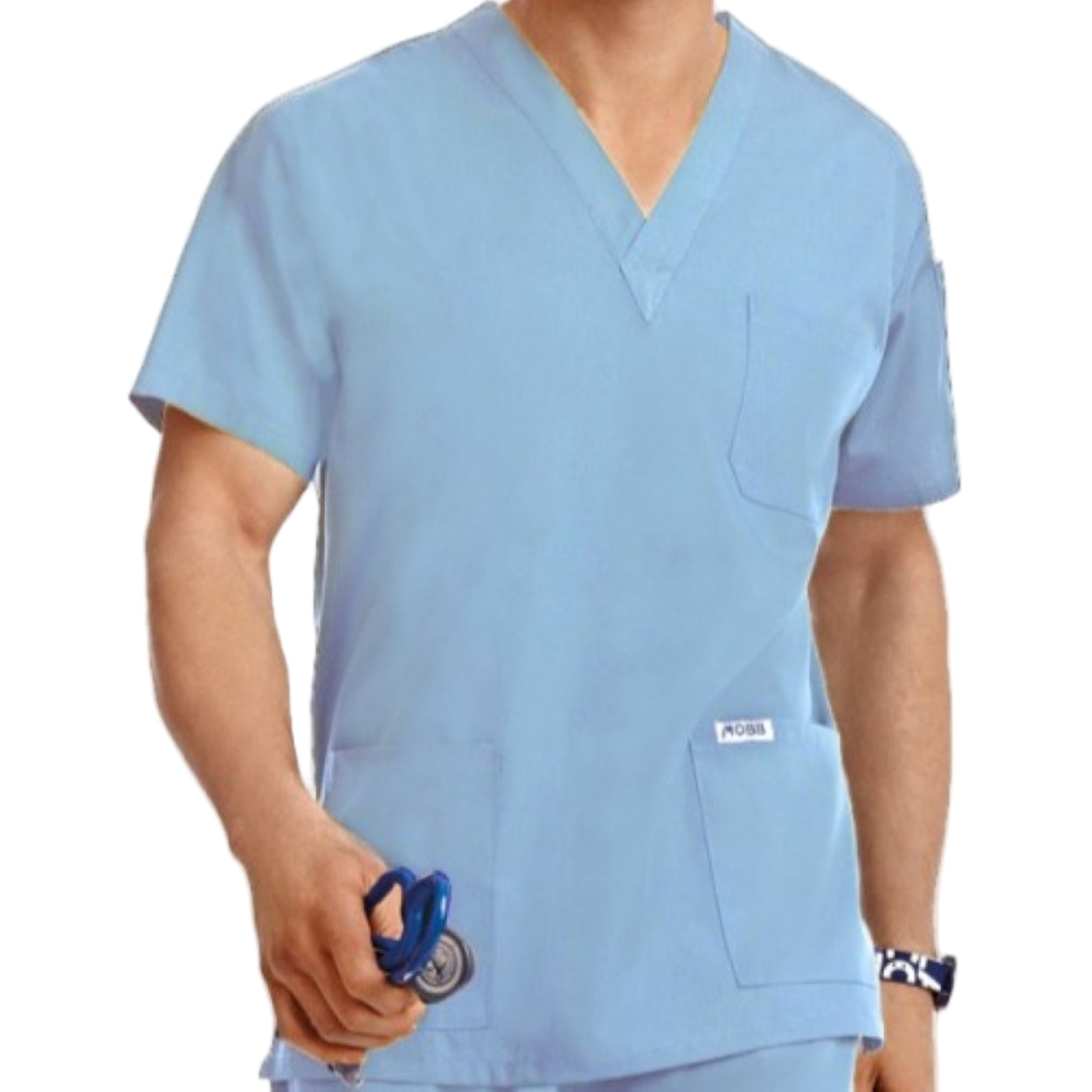Sky blue scrub top on a white background