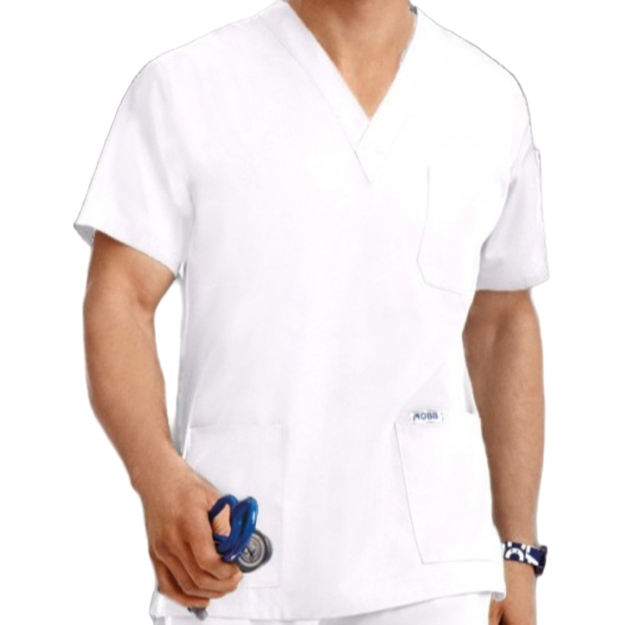 White scrub top on a white background