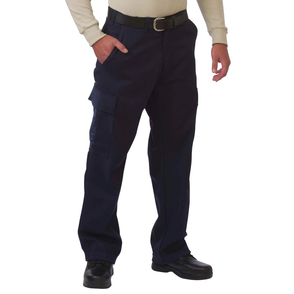 Navy work pants on a white background