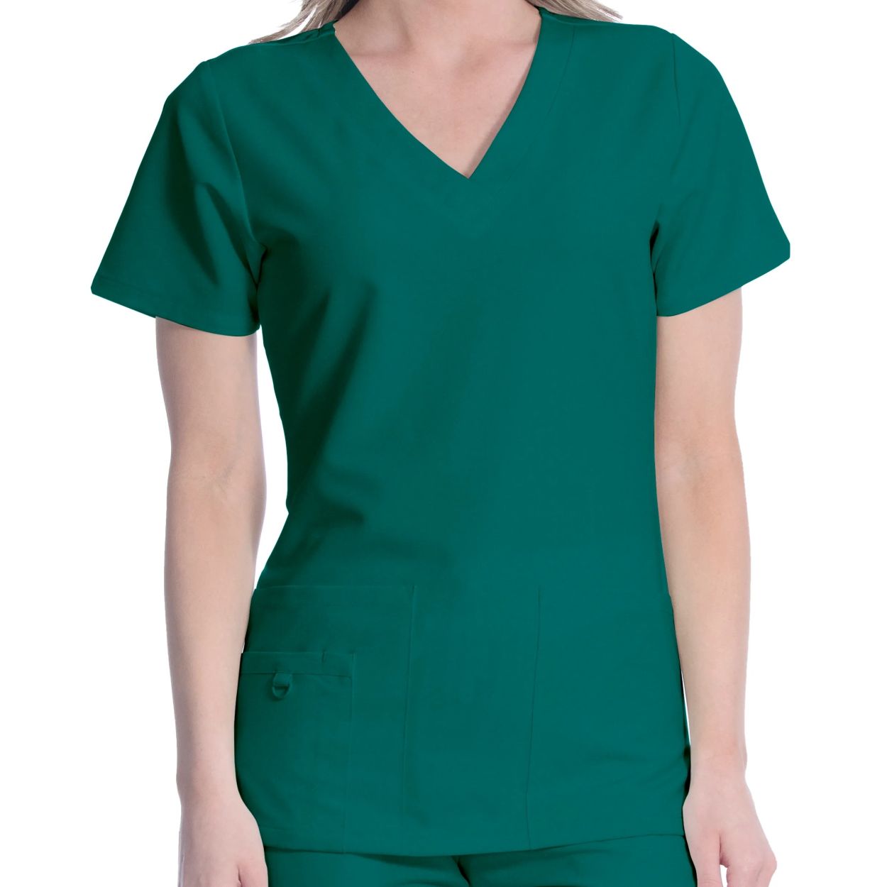 Hunter green scrub top on a white background
