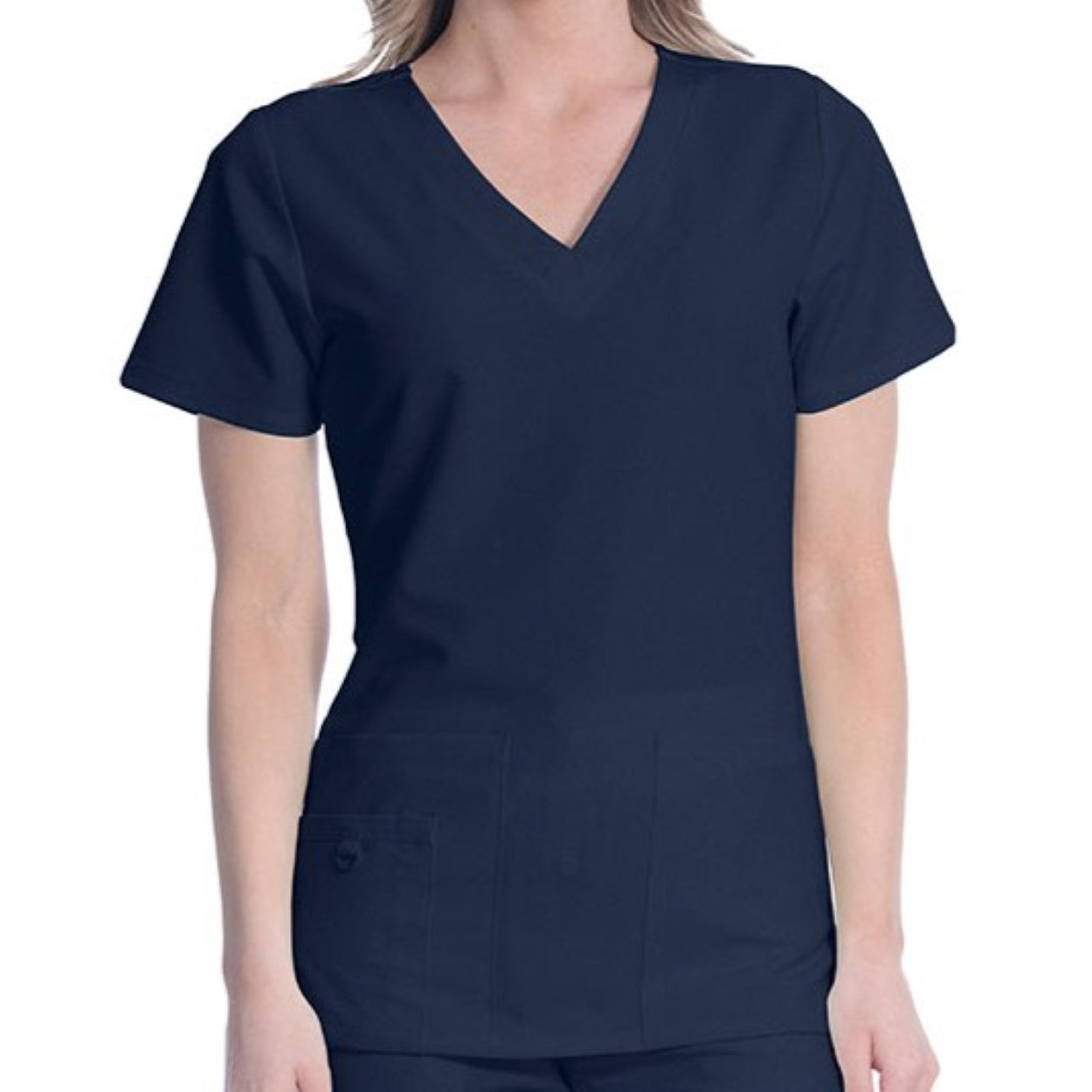 Navy scrub top on a white background