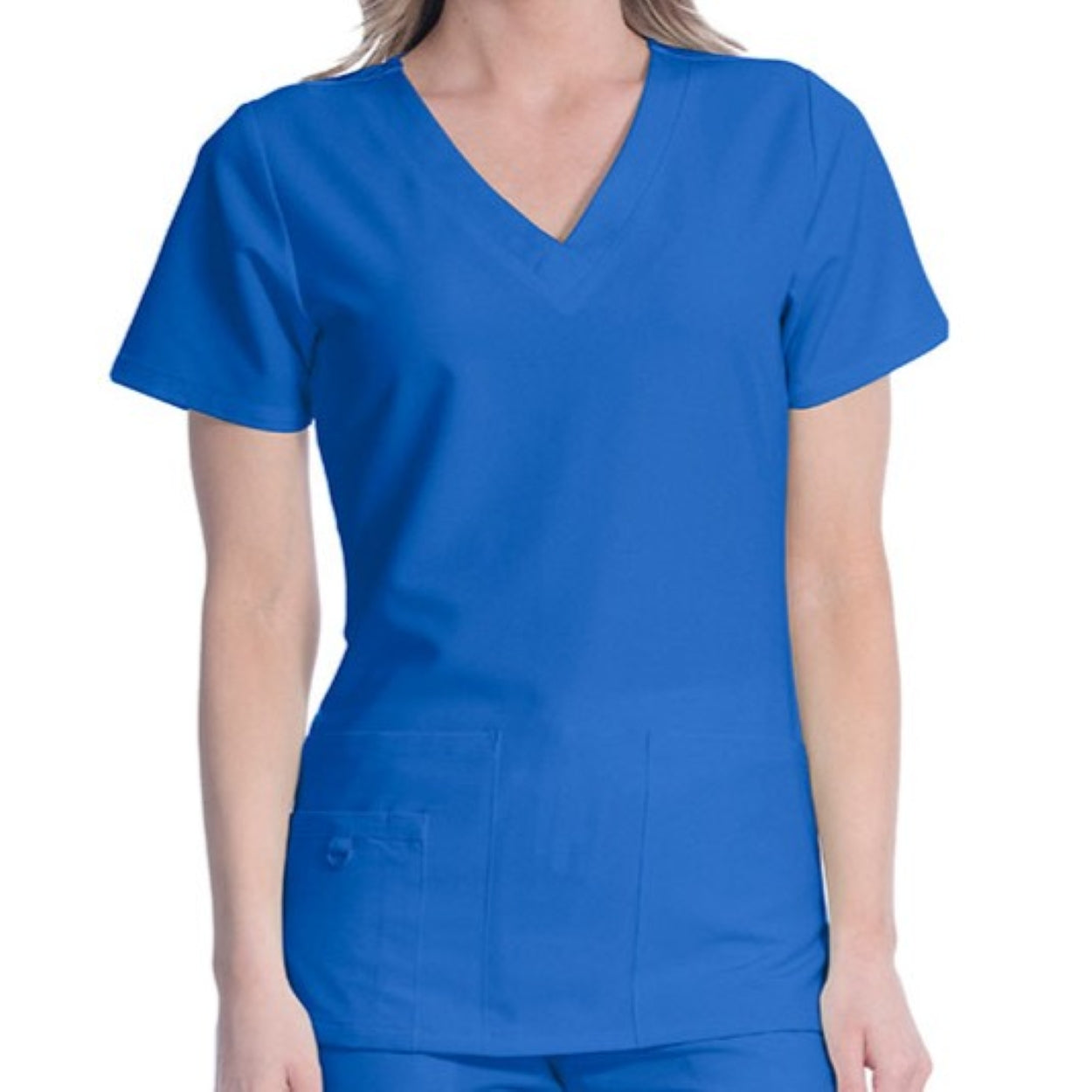 Royal blue scrub top on a white background