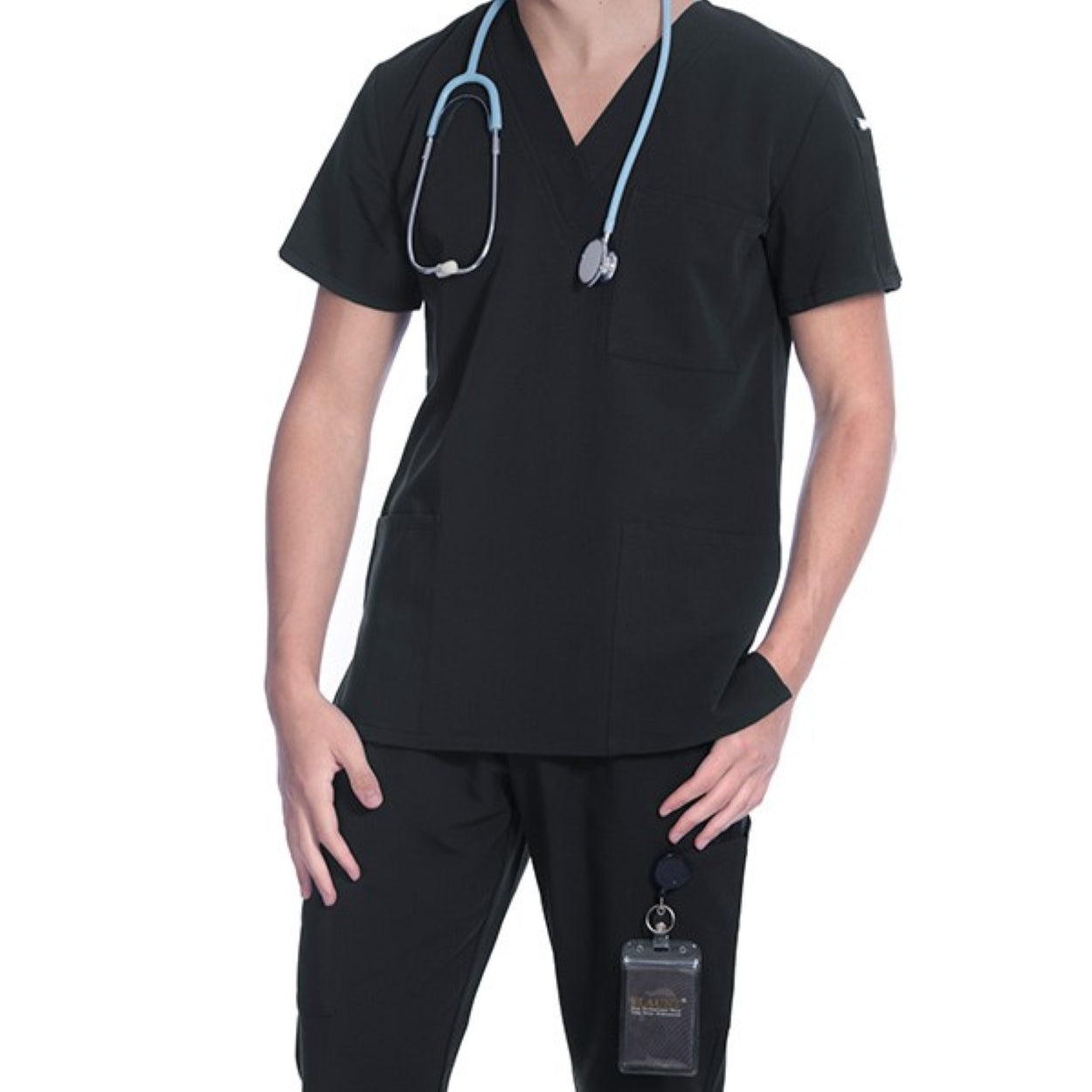Black scrub top on a white background