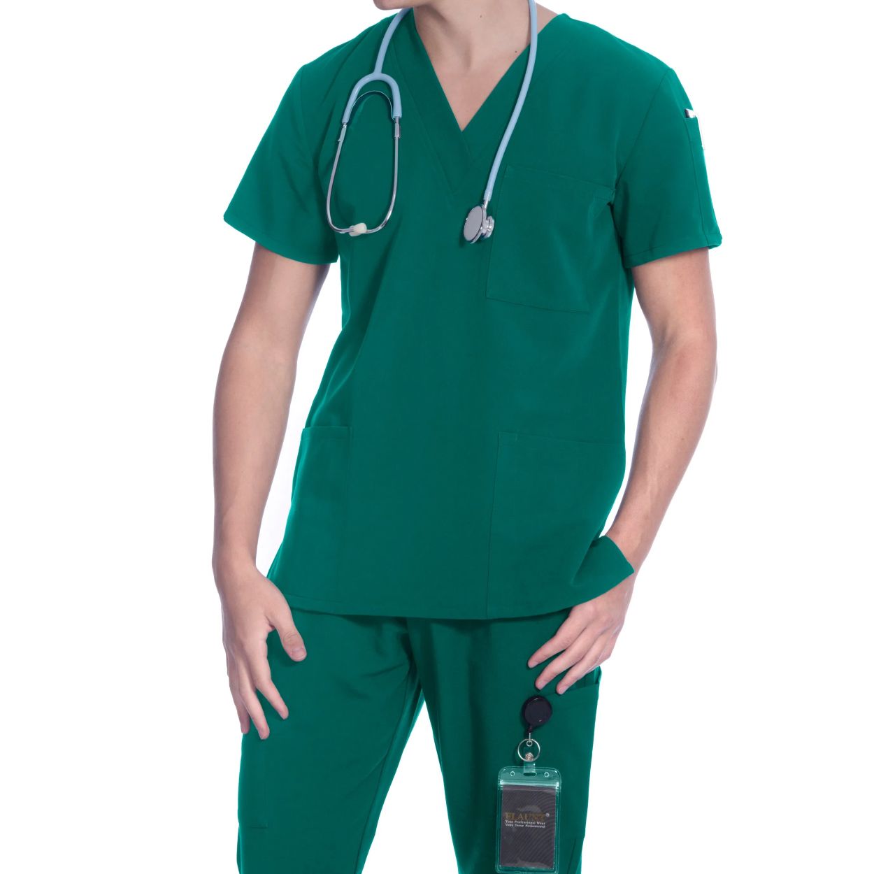 Hunter green scrub top on a white background