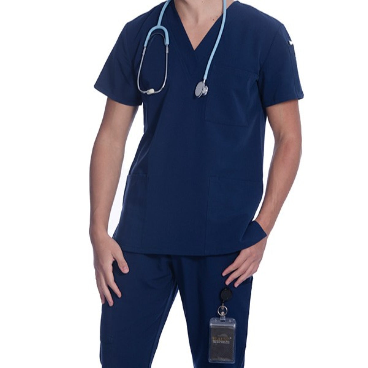 Navy scrub top on a white background