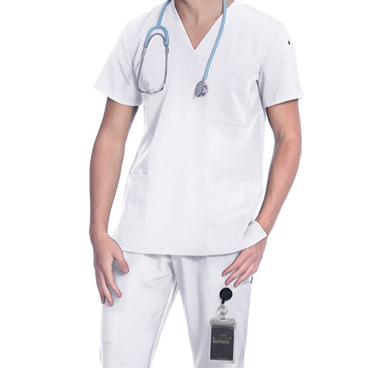 White scrub top on a white background