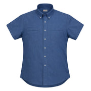 Blue oxford short sleeve work shirt on a white background