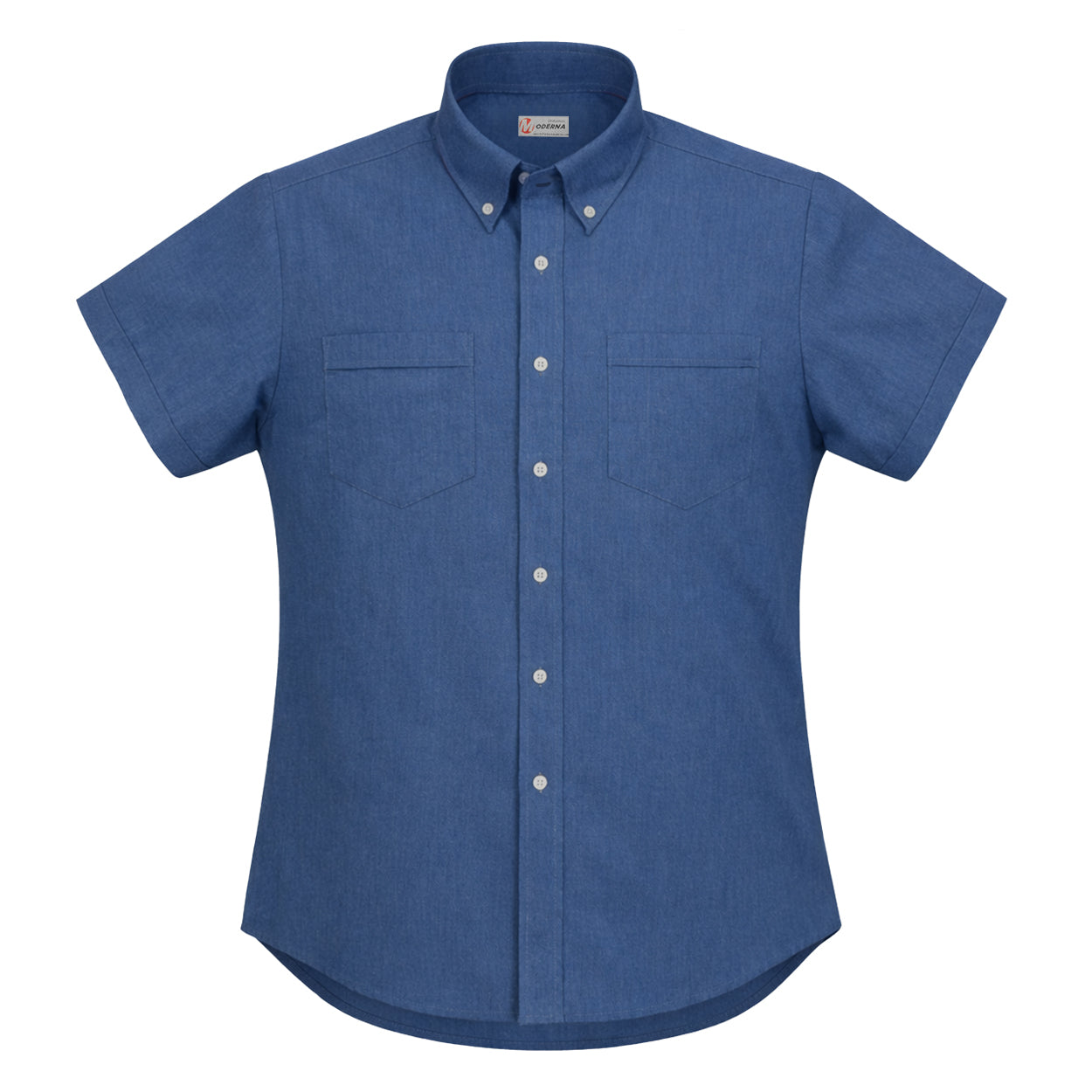 Blue oxford short sleeve work shirt on a white background