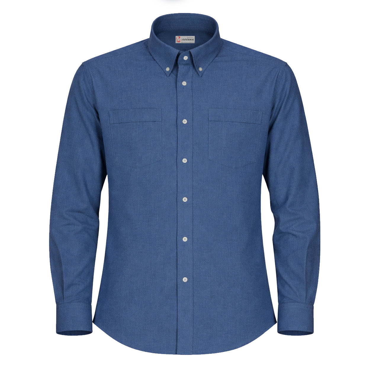 Blue oxford long sleeve work shirt on a white background