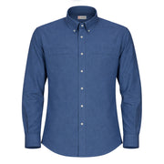 Blue oxford long sleeve work shirt on a white background