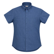 Blue oxford short sleeve work shirt on a white background