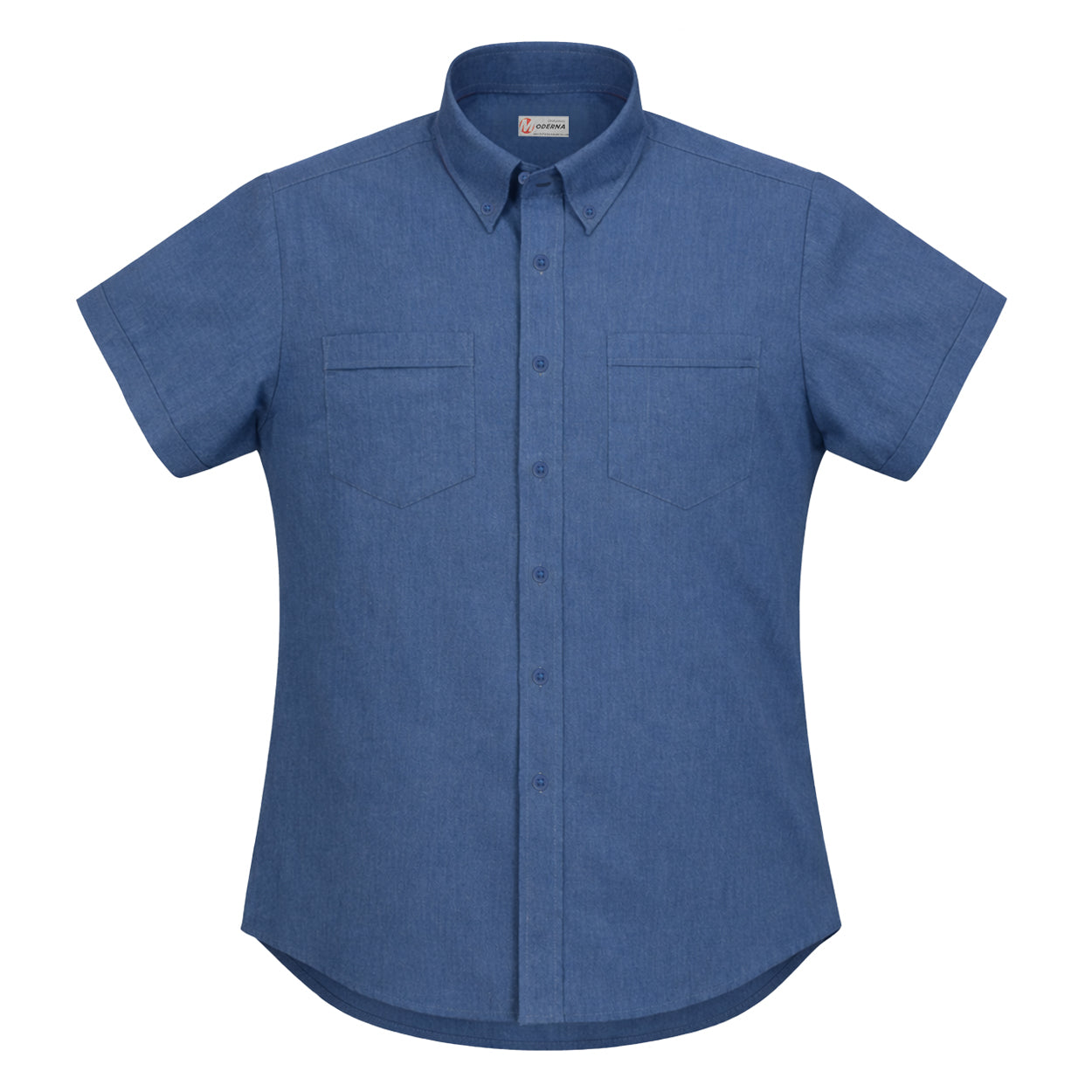 Blue oxford short sleeve work shirt on a white background
