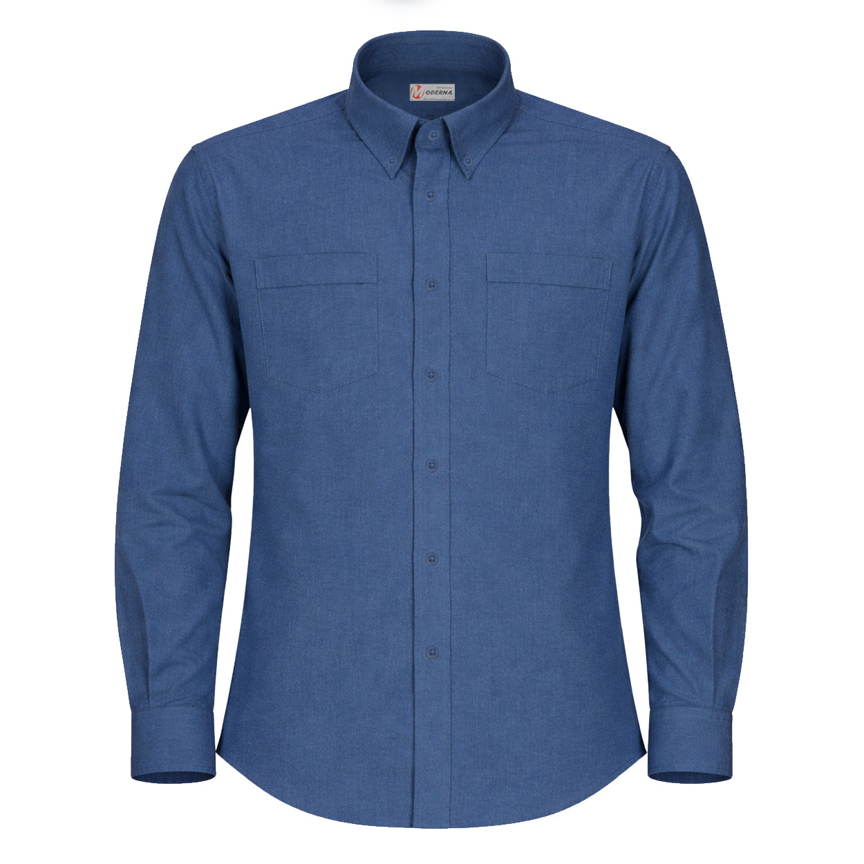 Blue oxford long sleeve work shirt on a white background
