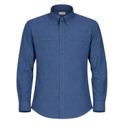 Blue oxford long sleeve work shirt on a white background
