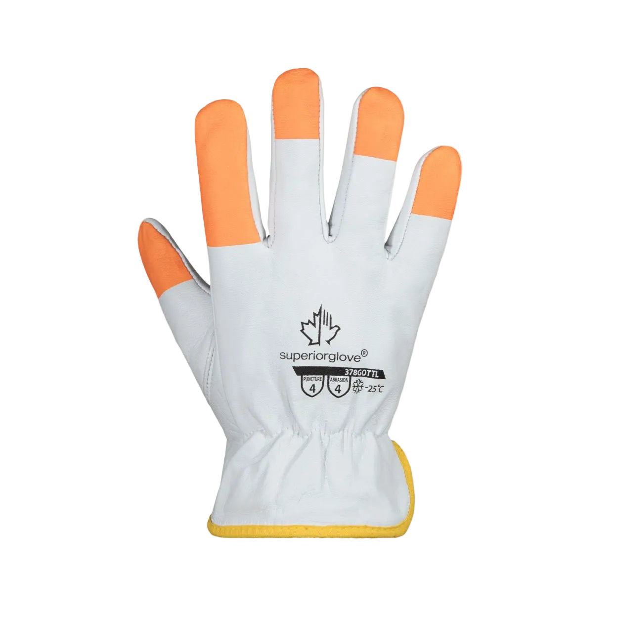 White/hi-viz orange safety glove on a white background