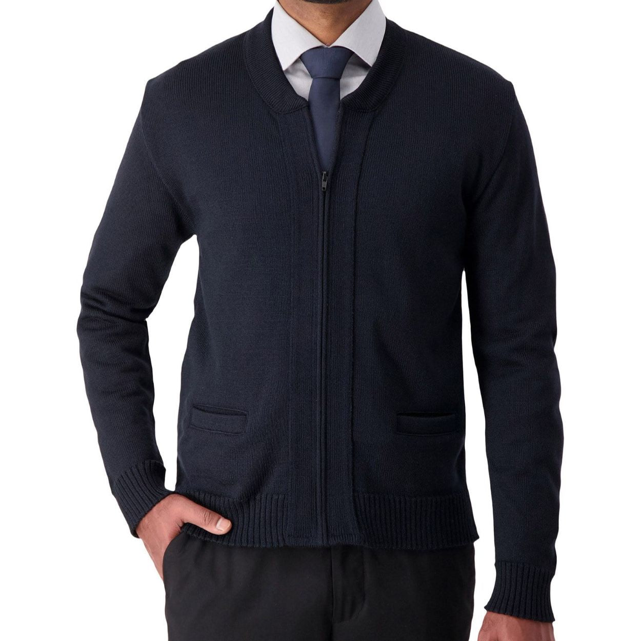 Navy cardigan on a white background