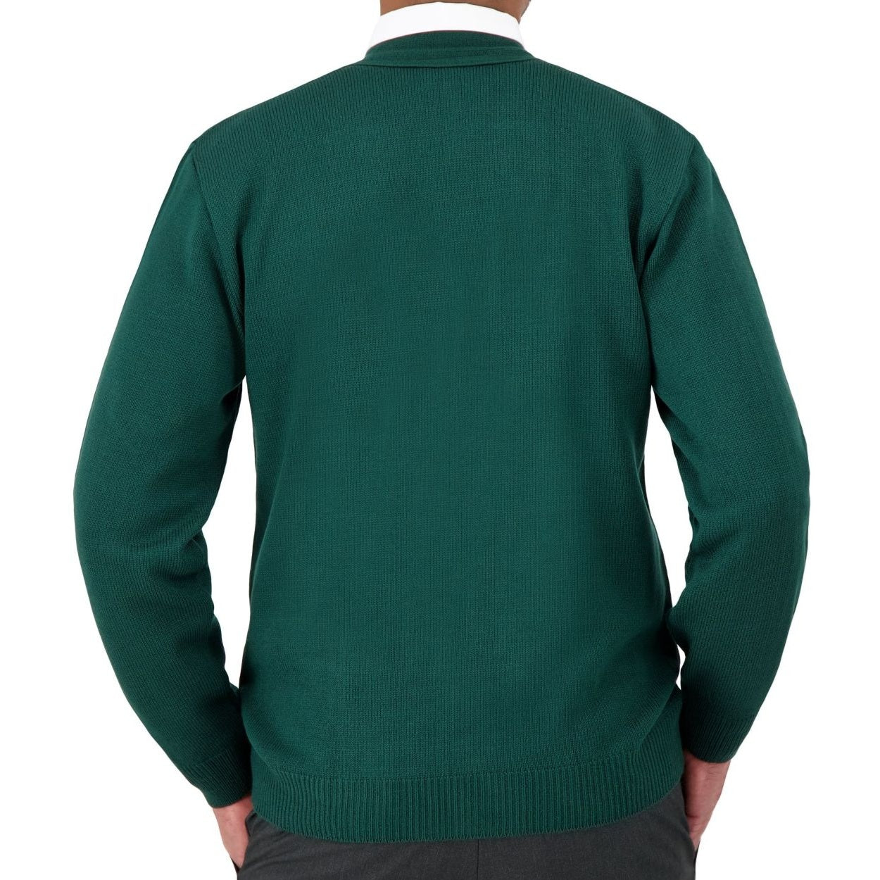Hunter green cardigan on a white background