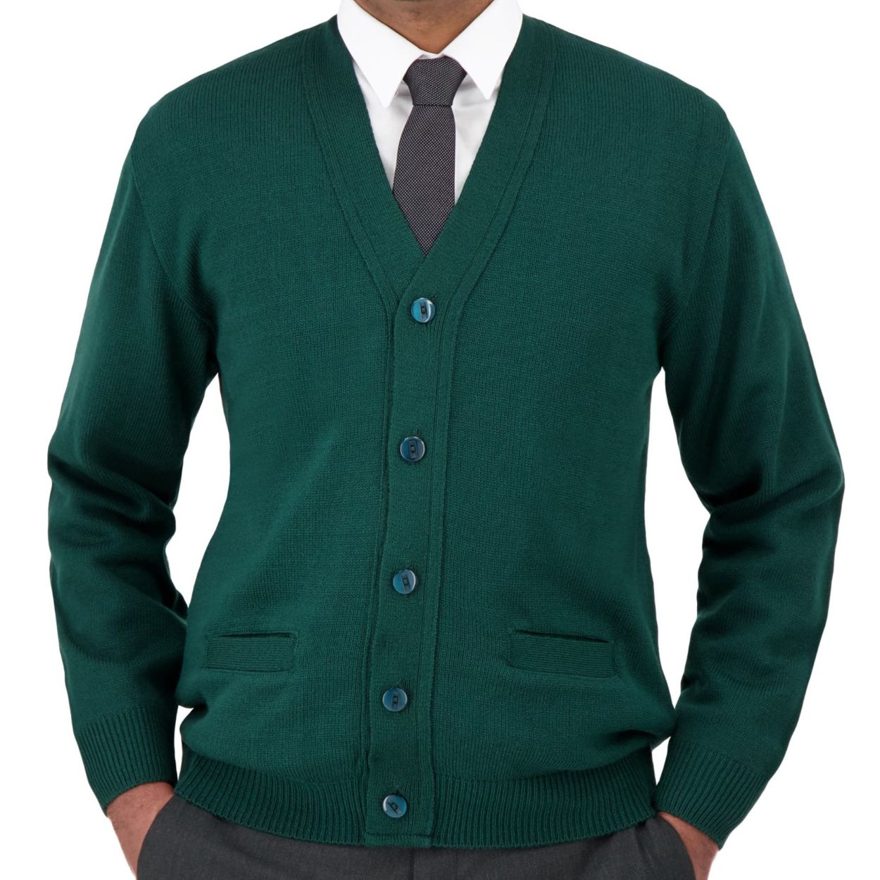 Hunter green cardigan on a white background