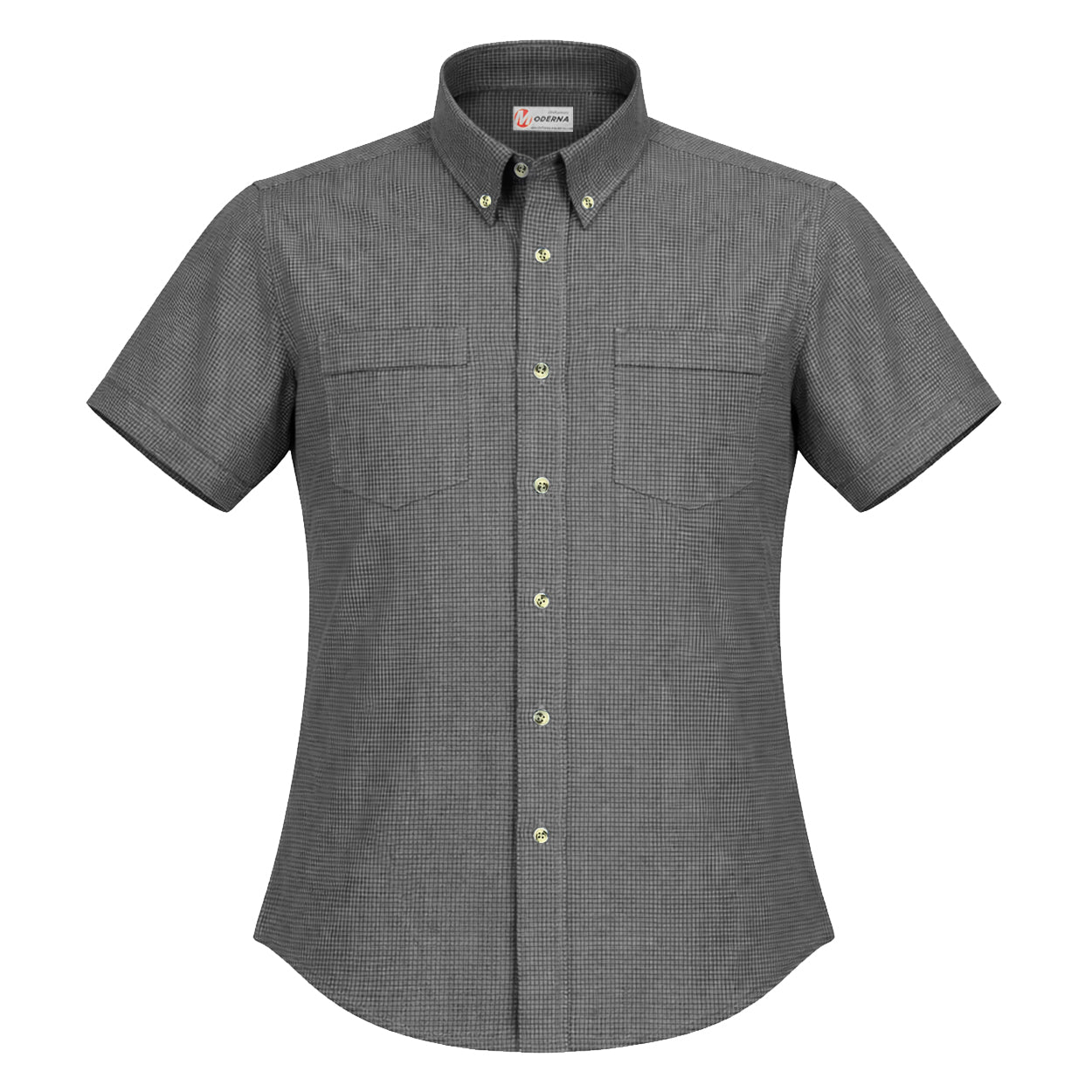 Grey houndstooth short sleeve work shirt on a white background