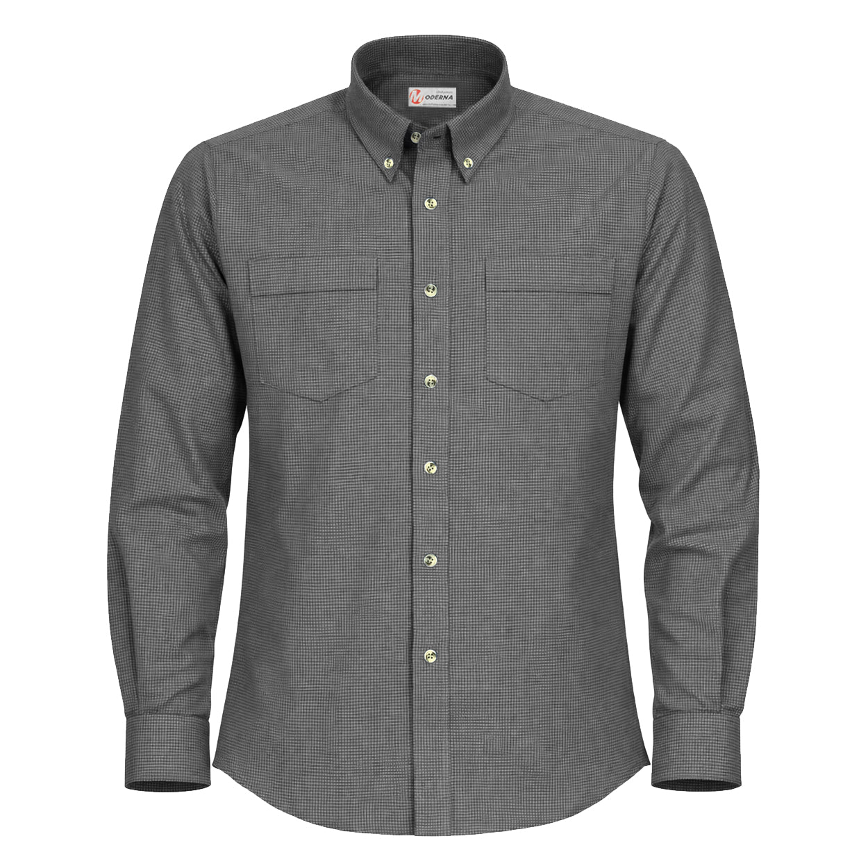 Grey houndstooth long sleeve work shirt on a white background