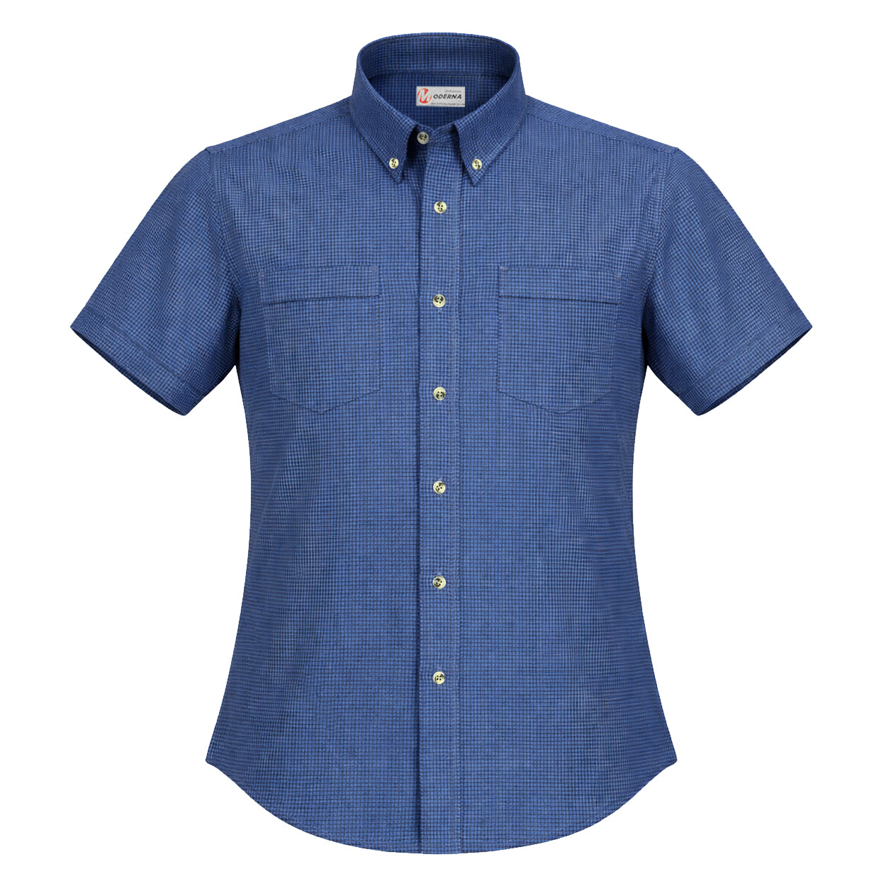 Blue/Black houndstooth short sleeve work shirt on a white background