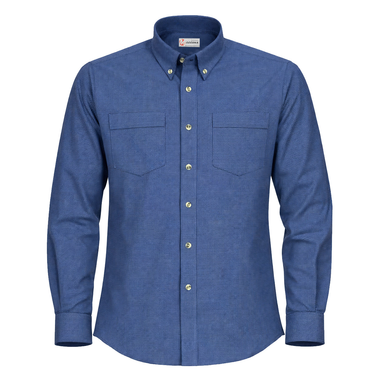 Blue/Black houndstooth long sleeve work shirt on a white background