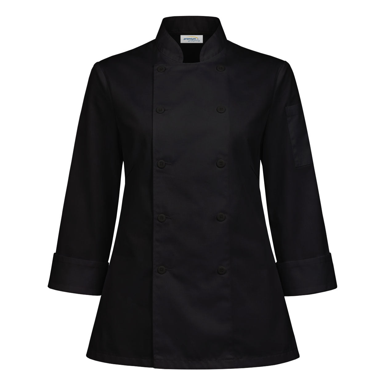 Black long sleeve ladies chef coat on white background