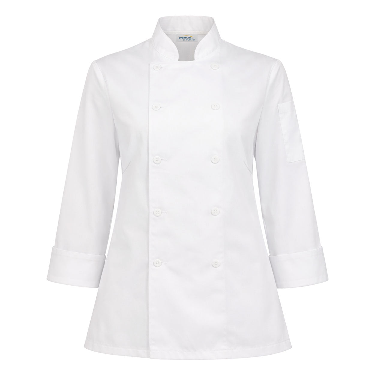 White long sleeve ladies chef coat on white background