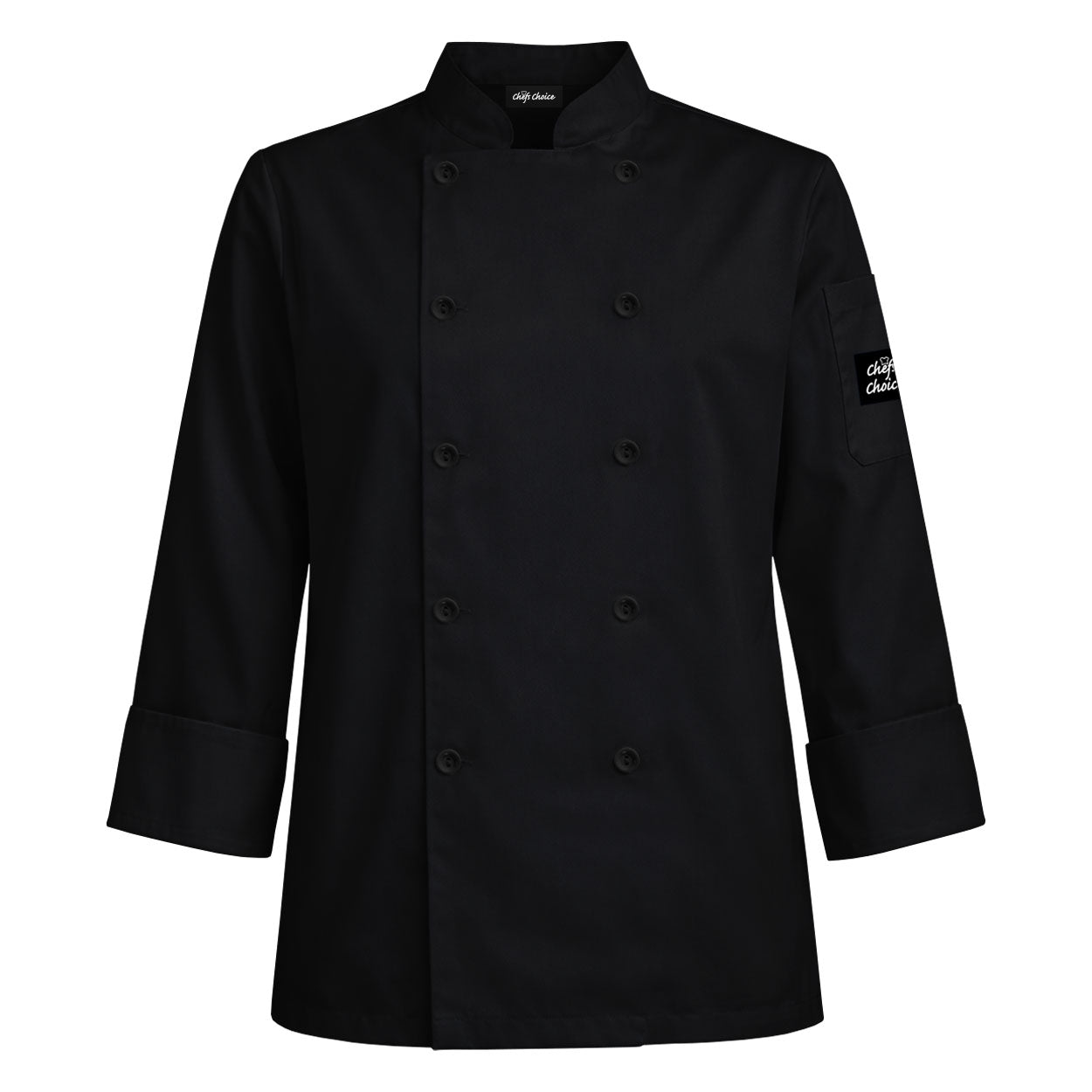 Black long sleeve chef coat on white background