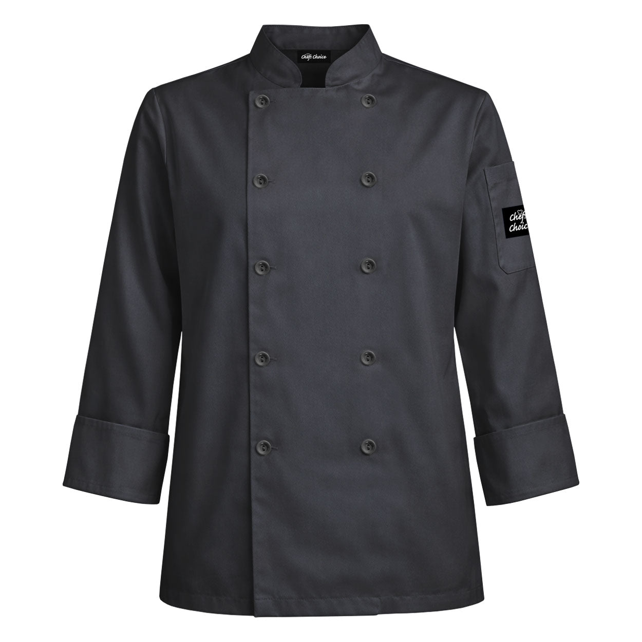 Charcoal long sleeve chef coat on white background