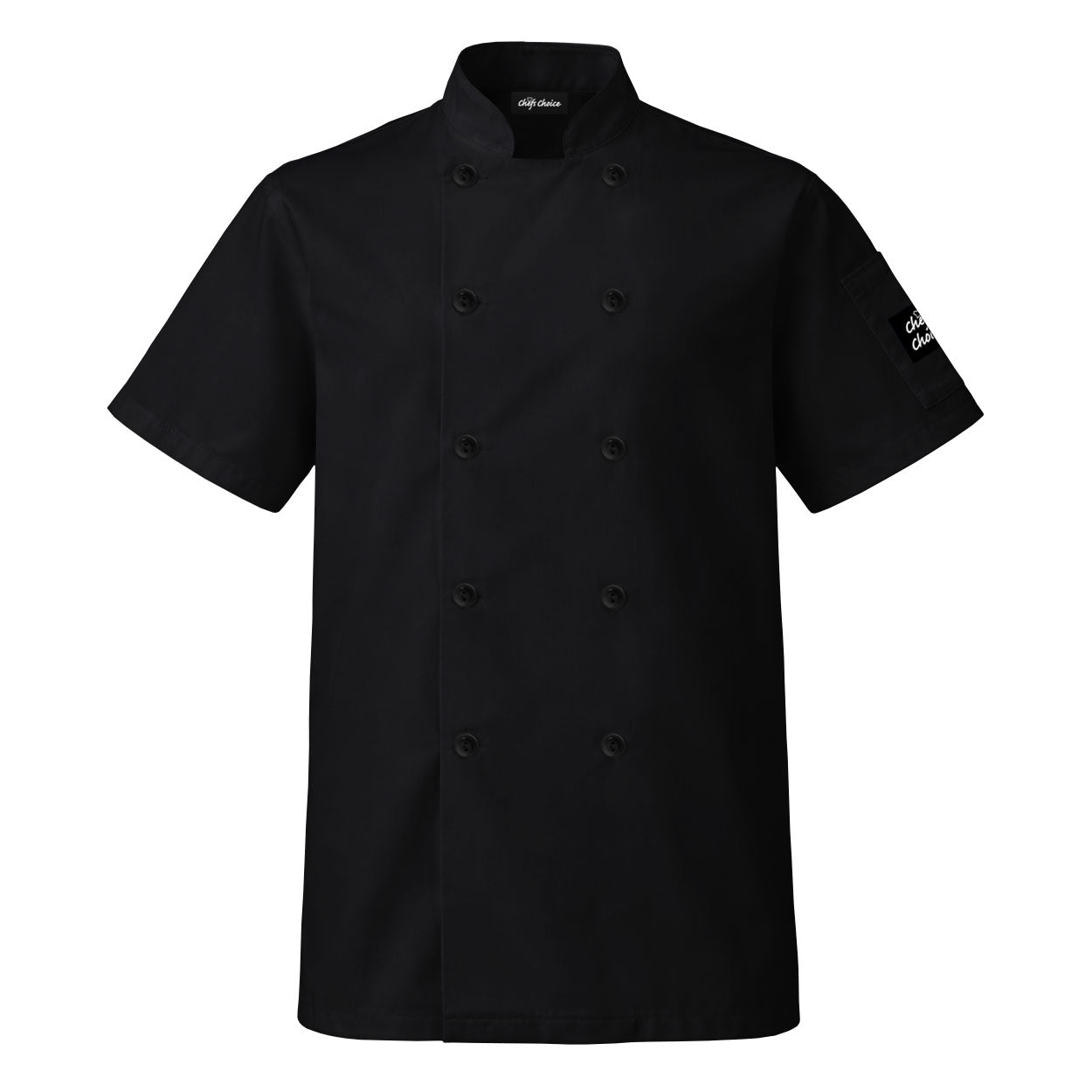 Black short sleeve chef coat on white background