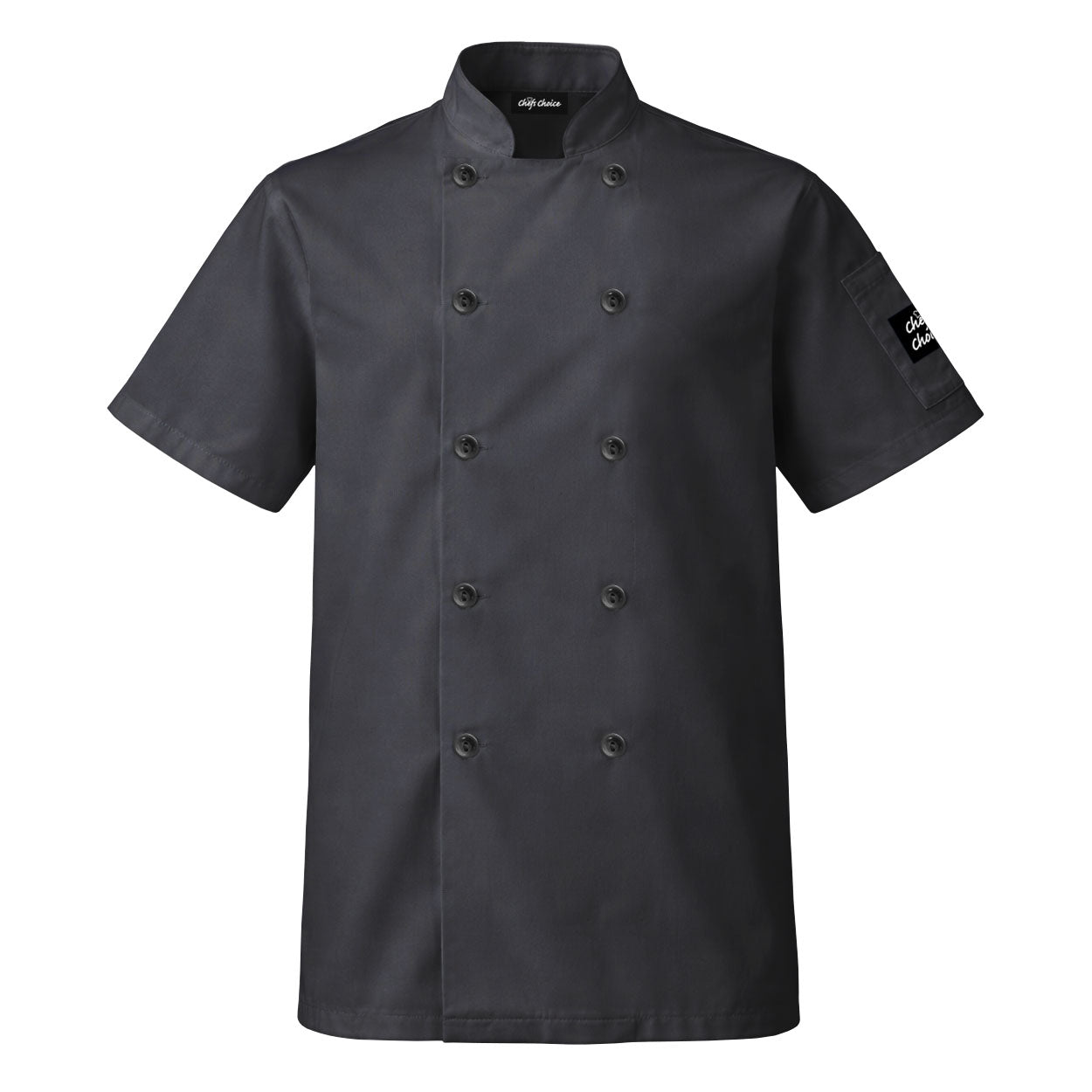 Charcoal short sleeve chef coat on white background