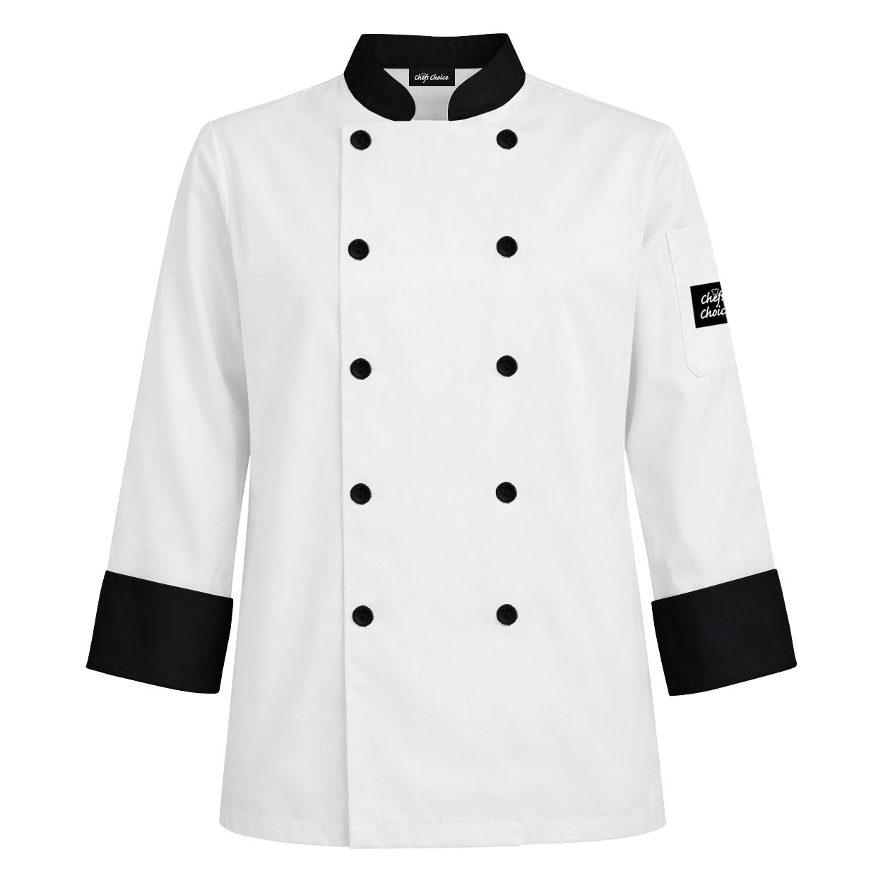 White long sleeve chef coat with black accents on white background