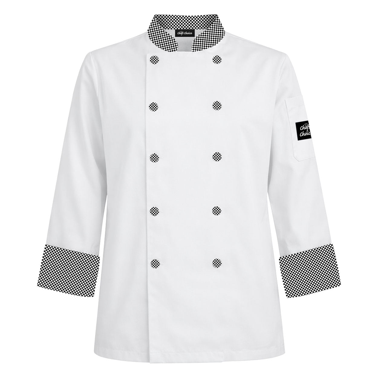 White long sleeve chef coat with checkered accents on white background