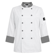White long sleeve chef coat with checkered accents on white background