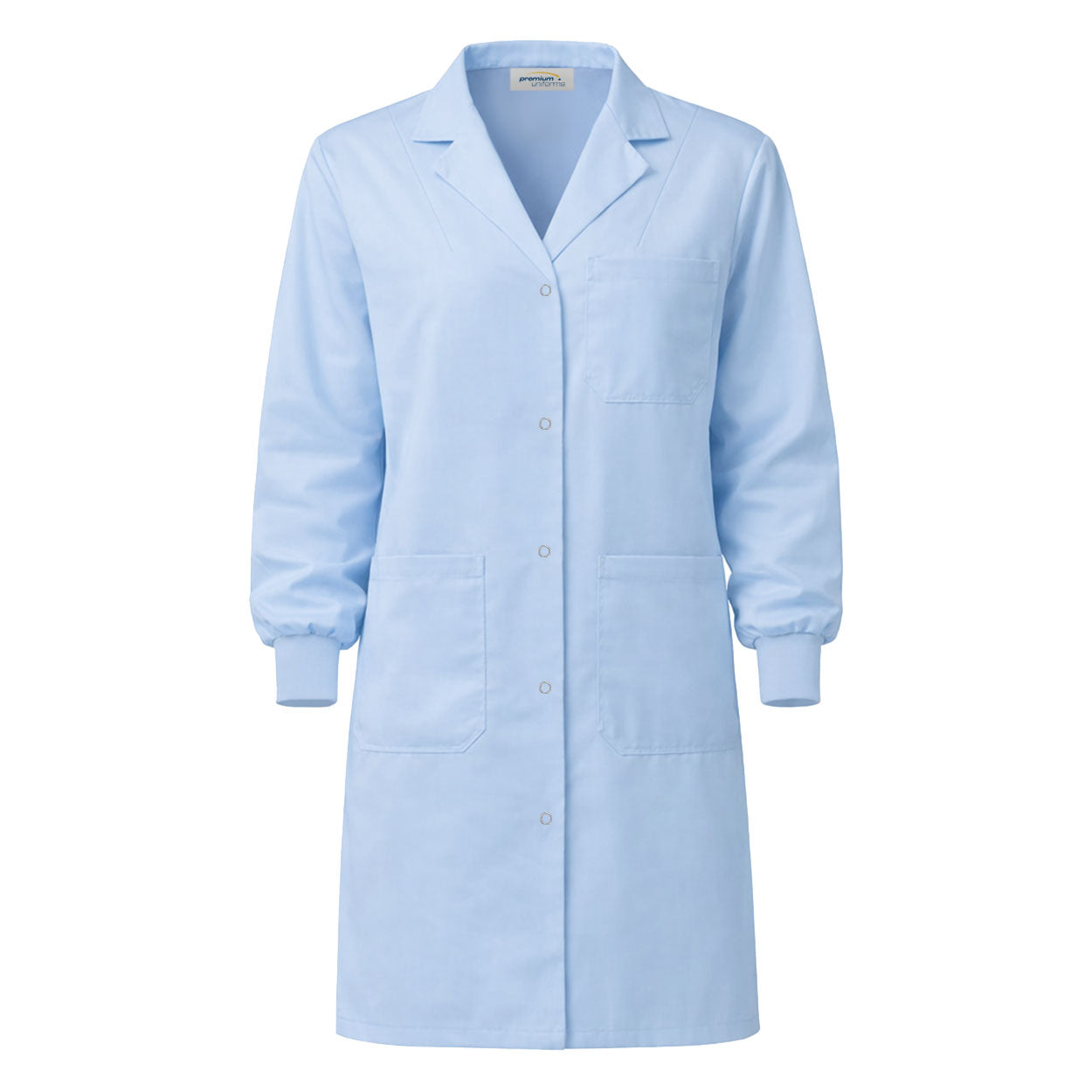 Light blue ladies lab coat with cuffs on white background