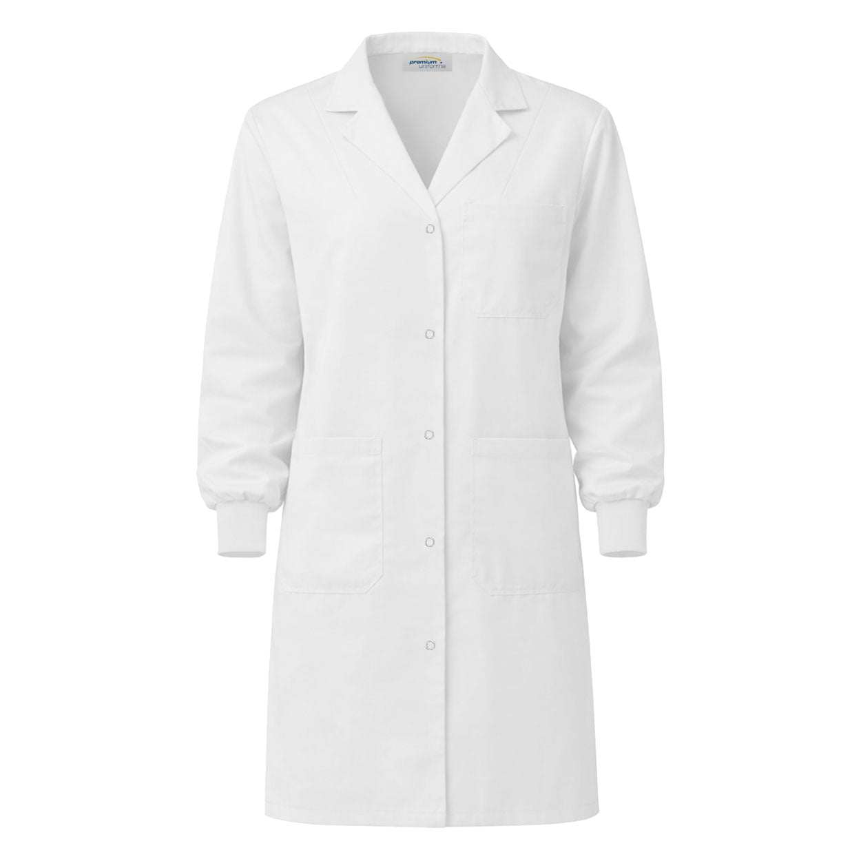 White ladies lab coat with cuffs on white background