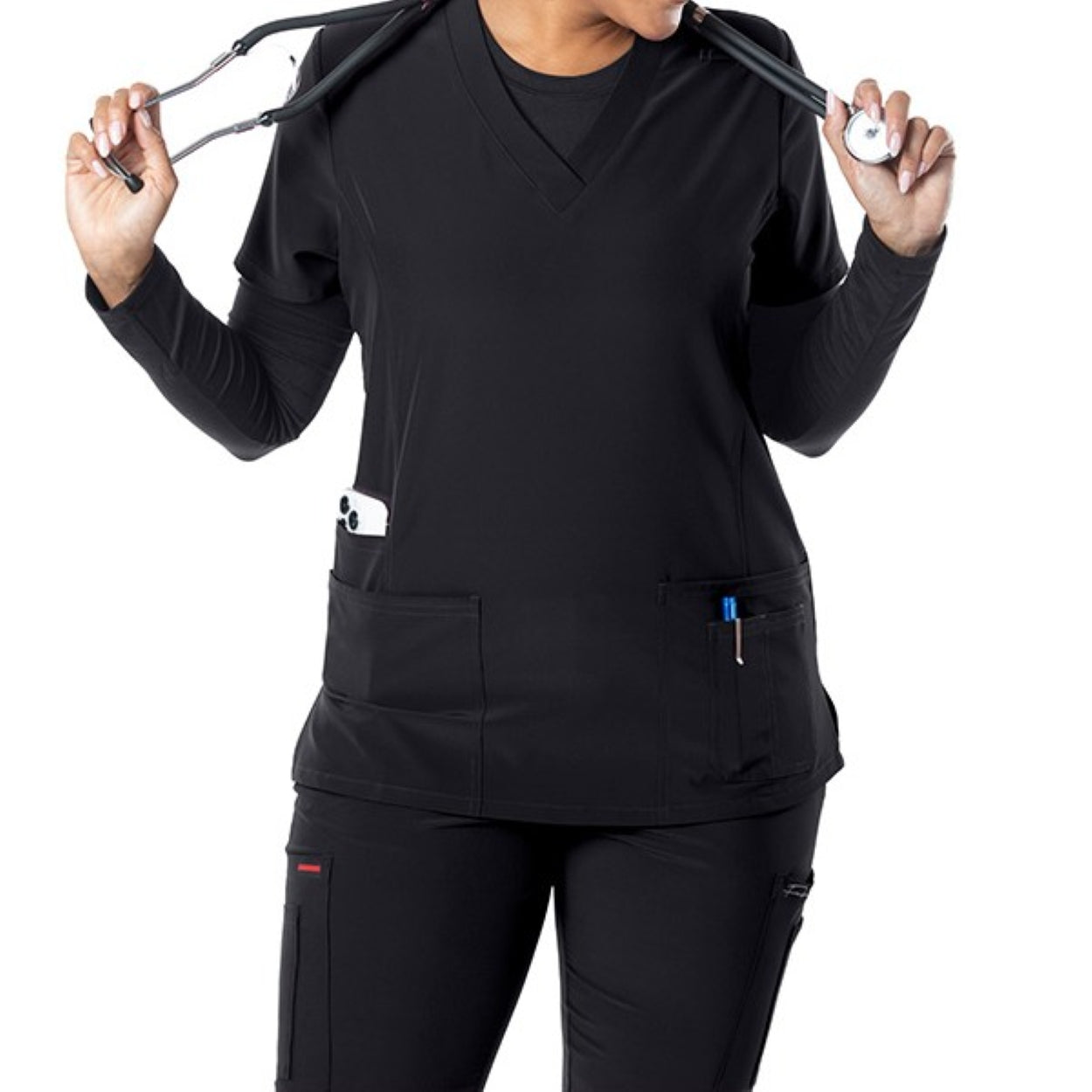Black scrub top on a white background