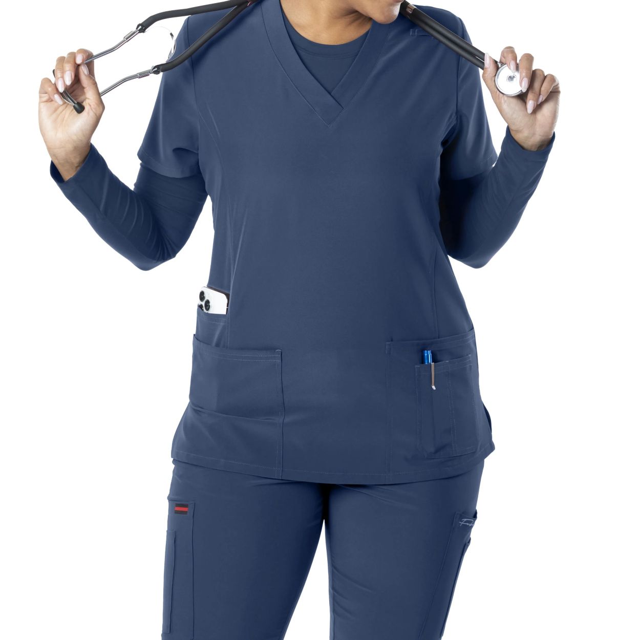 Caribbean blue scrub top on a white background