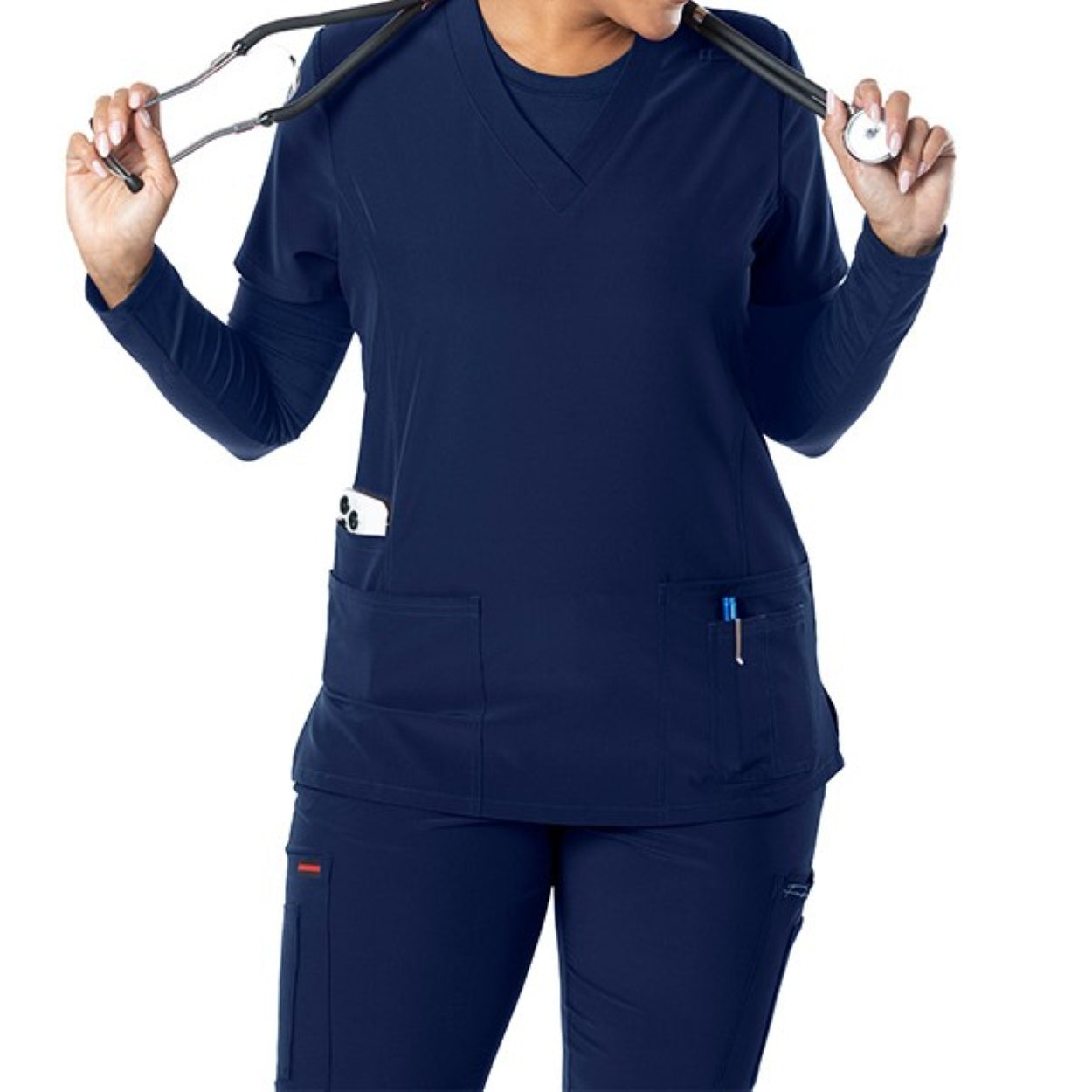 Navy scrub top on a white background