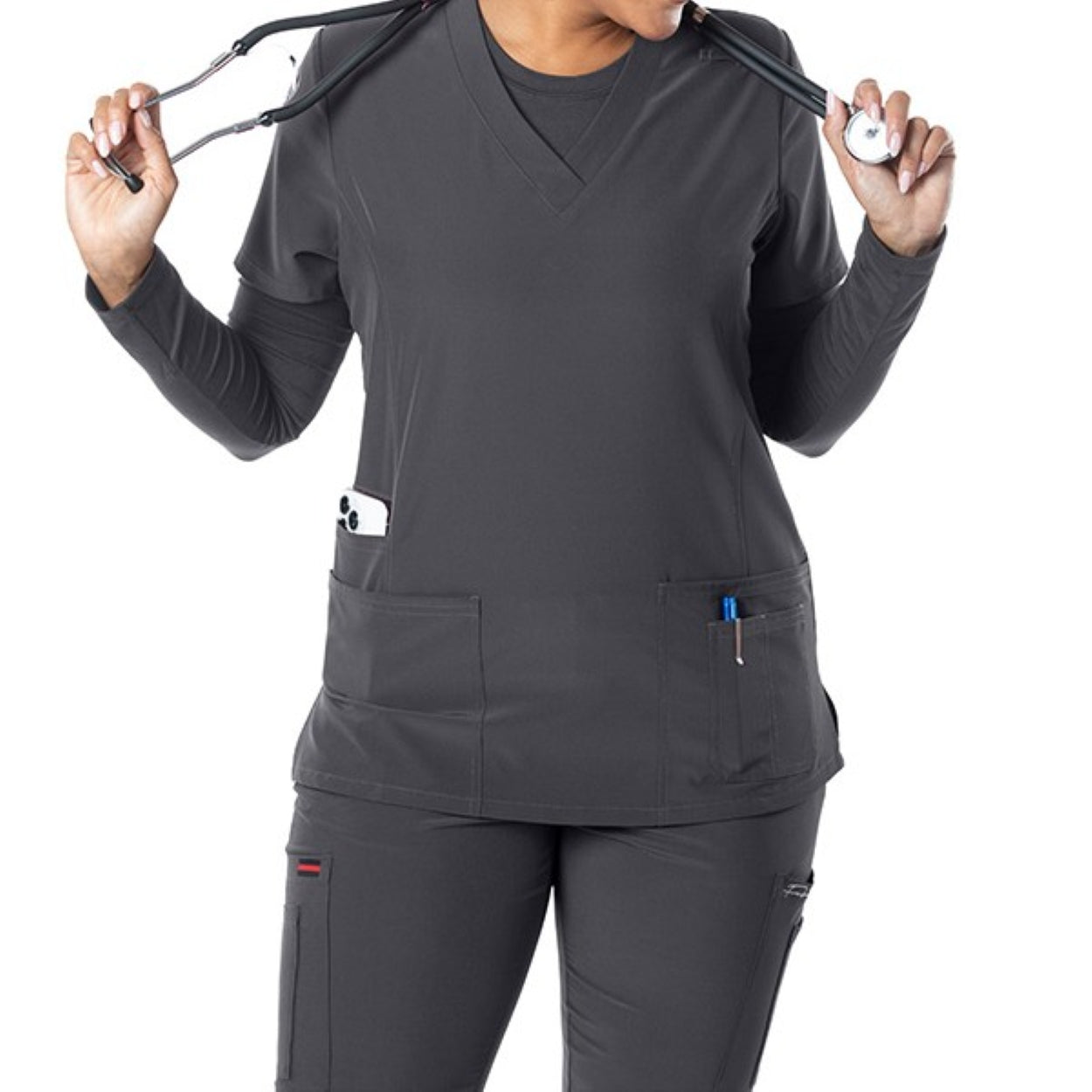 Pewter grey scrub top on a white background