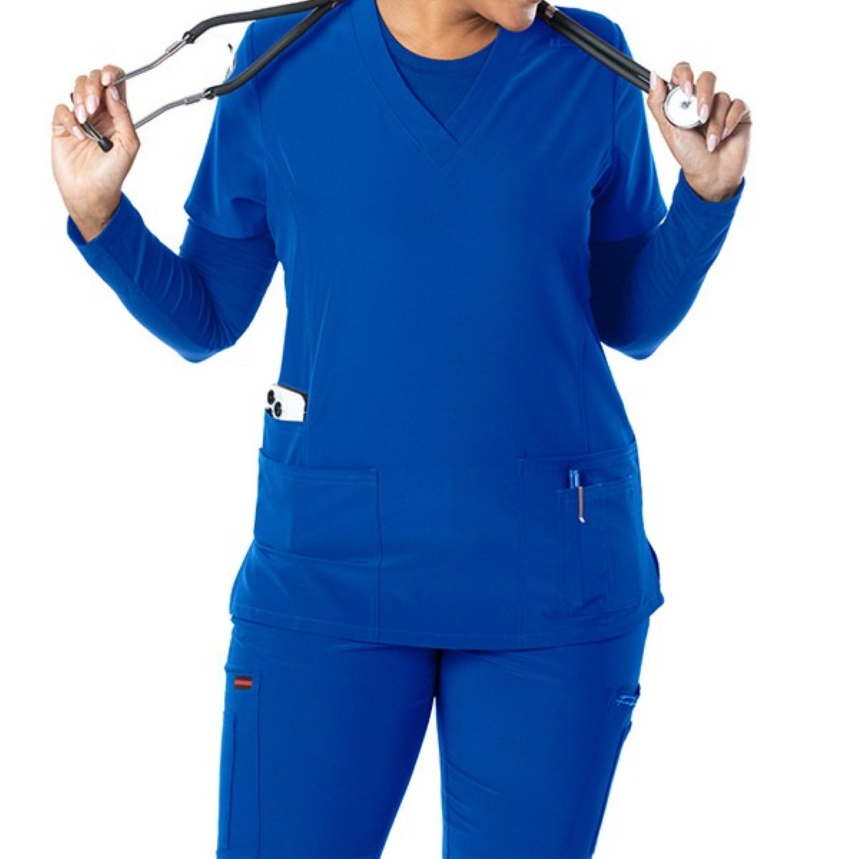 Royal blue scrub top on a white background